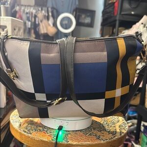 Blue and Brown Geometric Shoulder Bag with Crescent Shape